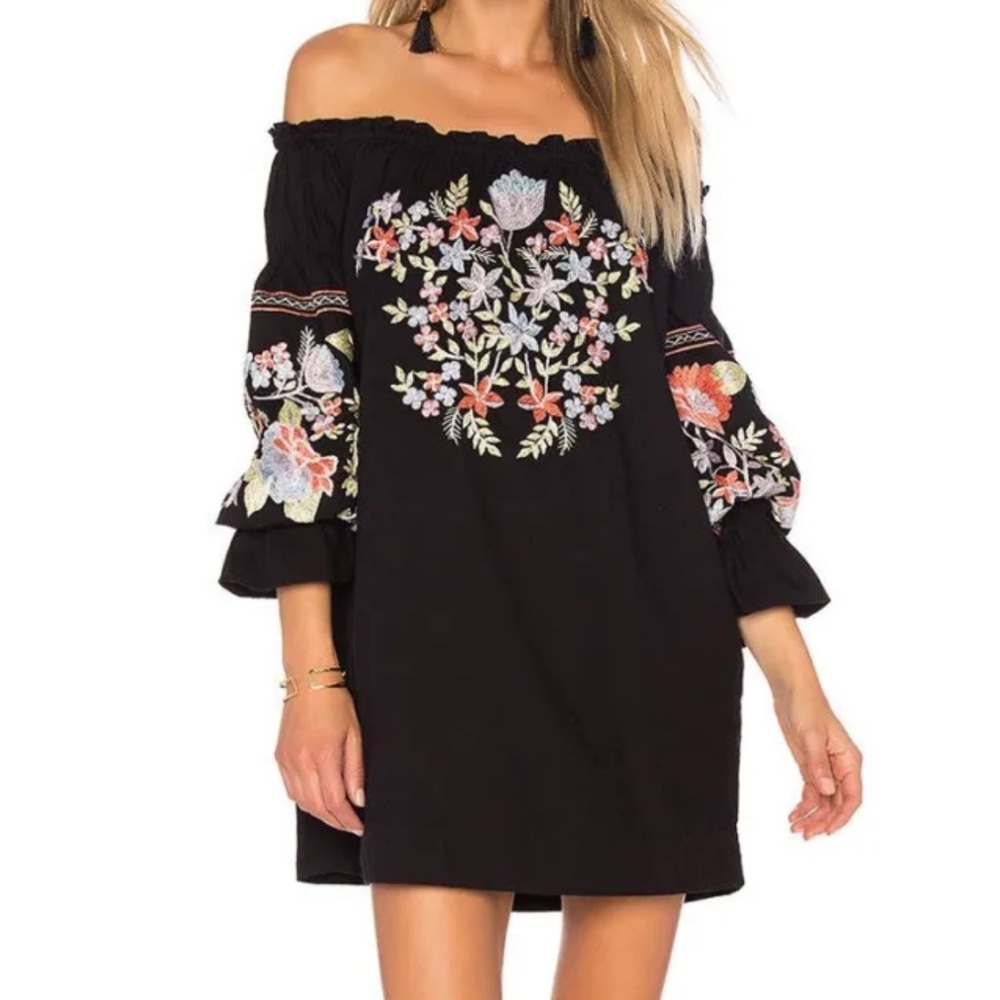 FREE PEOPLE Fleur du Jour Off the Shoulder Embroidered Black Mini Dress XS S